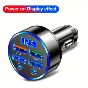 6-in-1 Fast Charging Car Charger |Dual PD USB Ports with LED Display |QC3.0