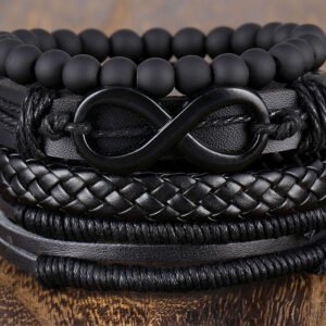 Vintage Unisex Women Men Black Bead PU Leather Bracelets Fashion Hollow Triangle Multi Layer Bracelet Tribal Wrap Jewelry